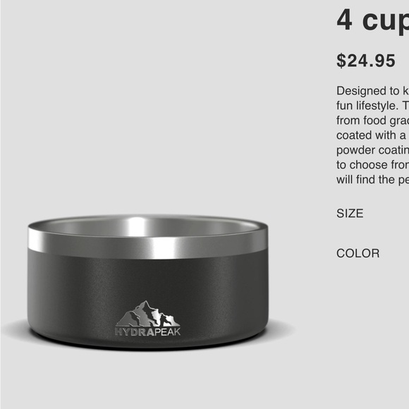 HydraPeak Stainless Steel Dog Bowl 4 Cup - Picture 2 of 4